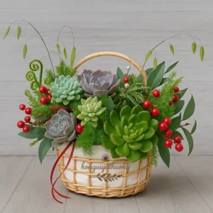 Giỏ sen đá đẹp trang trí bàn làm việc – cây cảnh mini sang trọng, dễ chăm sóc
