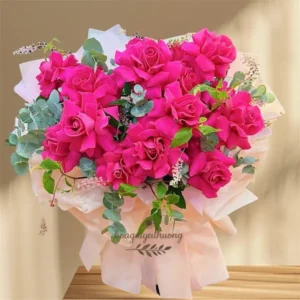 Bó hoa hồng rực rỡ tặng sinh nhật người yêu, tone hồng đậm quyến rũ, hoa nhập khẩu cao cấp