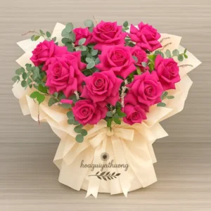 Bó hoa hồng tặng sinh nhật người yêu với tone hồng đậm, gói giấy trắng kem tinh tế