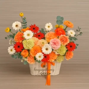 Giỏ hoa chúc mừng công ty rực rỡ gồm hoa đồng tiền, cẩm chướng, hồng cam, hồng nhạt và lá bạc