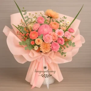 Bó hoa tặng đồng nghiệp nhẹ nhàng, màu pastel tinh tế, thích hợp môi trường công sở