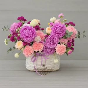 giỏ hoa tặng sinh nhật đẹp với hoa mẫu đơn và hoa cẩm chướng tông hồng tím pastel trong giỏ trắng tinh tế