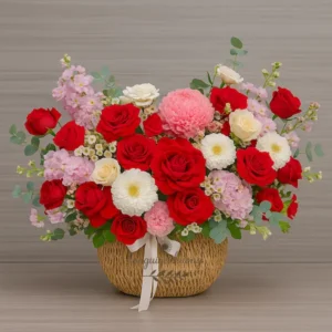 Lẵng hoa sang trọng tặng sếp phối hoa hồng đỏ, đồng tiền trắng, mẫu đơn và phi yến nhẹ nhàng
