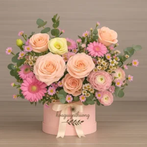 Giỏ hoa sinh nhật tặng bạn gái với hoa hồng kem, cúc mẫu đơn, cẩm chướng hồng pastel và lá xanh dịu nhẹ.