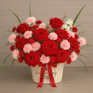 Giỏ hoa tặng sinh nhật người yêu gồm hoa hồng đỏ và cẩm chướng hồng phối trắng, thiết kế lãng mạn trong giỏ mây kèm nơ đỏ.