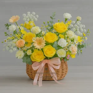 Giỏ hoa sinh nhật đẹp với hoa hồng vàng, baby trắng và đồng tiền kem, thể hiện sự ấm áp và chân thành trong lời chúc sinh nhật.