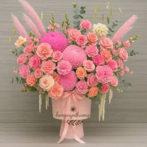 Giỏ hoa tặng sinh nhật tông hồng cam rực rỡ với hoa mẫu đơn, hồng, cúc và cẩm chướng.