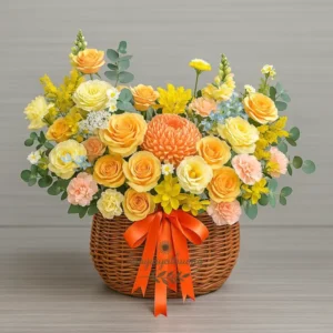 Giỏ hoa sinh nhật tặng đồng nghiệp với tone vàng cam tươi tắn, nổi bật cùng nơ ruy băng