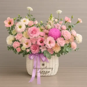 Giỏ hoa sinh nhật tặng vợ với tông hồng pastel nhẹ nhàng, kết hợp hoa hồng, cát tường, mẫu đơn và thược dược.