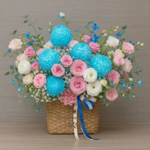 Giỏ hoa sinh nhật phong cách tinh tế gồm hoa mẫu đơn xanh, hoa hồng pastel và cẩm chướng trắng trang nhã.