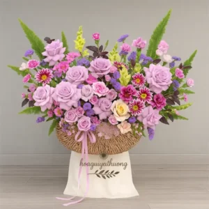 Giỏ hoa sinh nhật pastel gồm hồng phấn, cúc mẫu đơn, cẩm chướng, thạch thảo tím