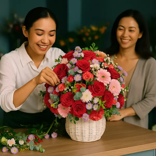 Bó hoa đẹp tặng sinh nhật thiết kế nghệ thuật với tông đỏ hồng nổi bật
