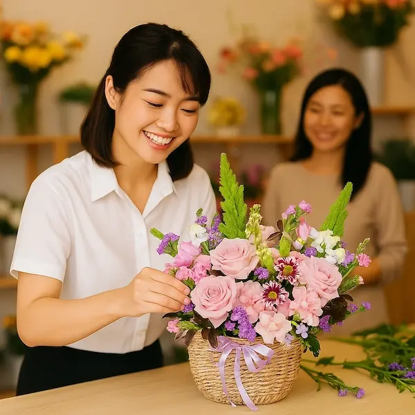 Giỏ hoa sinh nhật cao cấp 'Vũ Điệu Sắc Màu' với hồng môn, lan hồ điệp, hồng đỏ, cúc vàng