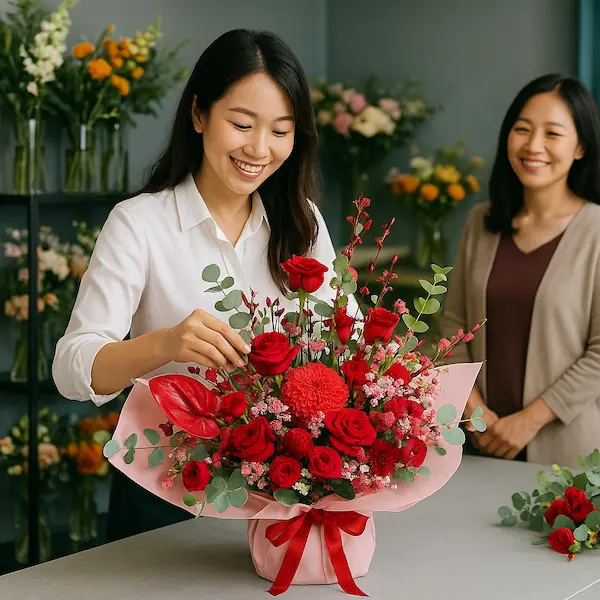 Nhân viên cắm hoa tại cửa hàng với bó hoa sinh nhật đẹp tông đỏ nổi bật – Bối cảnh hiện đại, ánh sáng tự nhiên.
