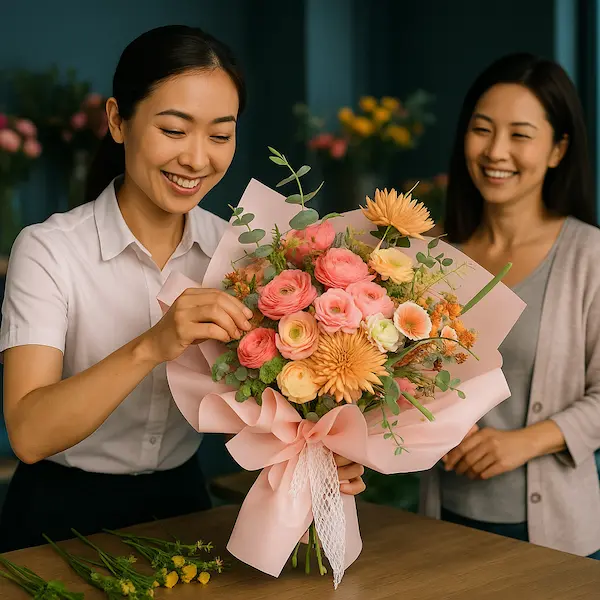 Bó hoa tặng đồng nghiệp với tone hồng pastel dịu dàng, mang ý nghĩa chúc mừng và cảm ơn