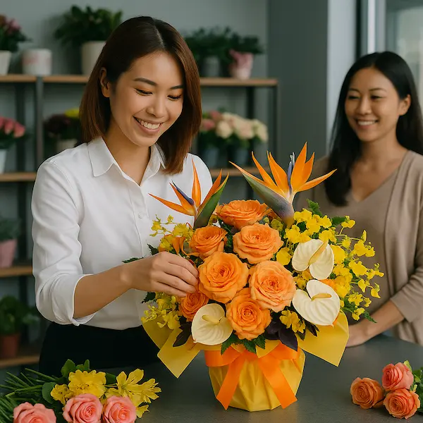 Nhân viên shop hoa đang cắm giỏ hoa cam sôi động – Hoa gửi yêu thương