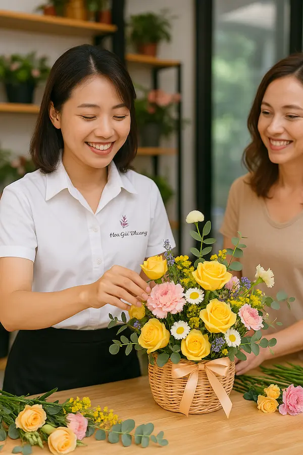 Nhân viên shop Hoa Gửi Yêu Thương mặc sơ mi trắng, đang vui tươi cắm giỏ hoa sinh nhật cao cấp tặng khách hàng.