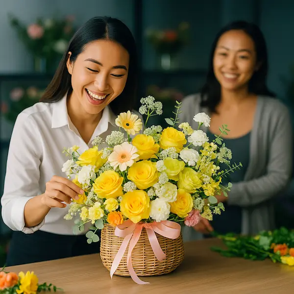 Giỏ hoa sinh nhật đẹp với hoa hồng vàng rực rỡ và hoa đồng tiền pastel, được thiết kế bởi nhân viên cắm hoa chuyên nghiệp trong cửa hàng hoa tươi.