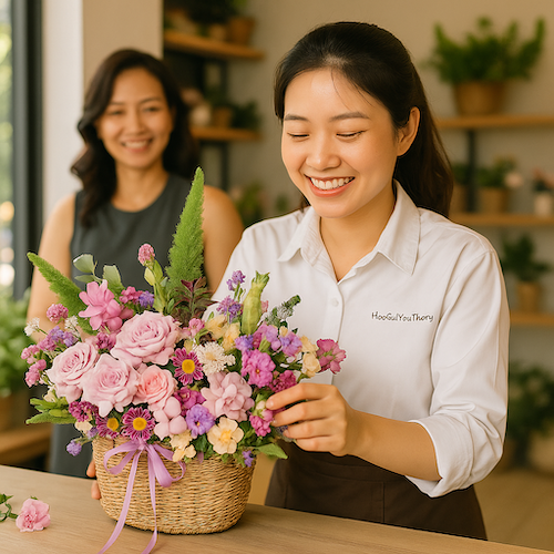 Nhân viên Hoa Gửi Yêu Thương đang cắm giỏ hoa sinh nhật pastel tại cửa hàng