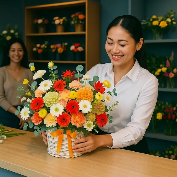 Nhân viên đang cắm giỏ hoa chúc mừng công ty rực rỡ với tone cam - trắng trong không gian cửa hàng hoa hiện đại