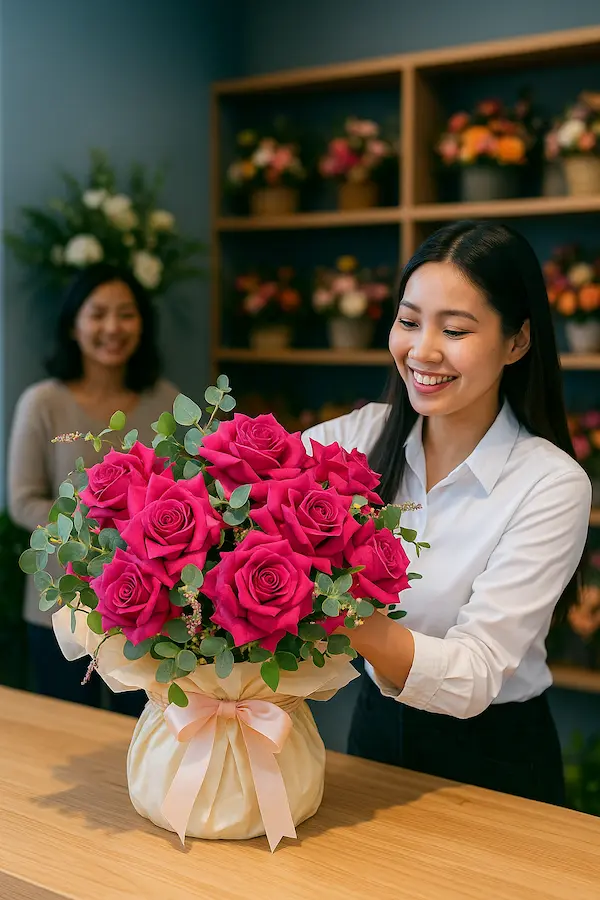 Nhân viên cắm bó hoa hồng tặng sinh nhật người yêu đậm trong không gian cửa hàng hoa hiện đại, ánh sáng tự nhiên, mang cảm giác ấm cúng và chuyên nghiệp.