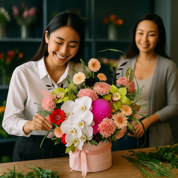 Giỏ hoa khai trương sang trọng “Lan tỏa hạnh phúc” được nhân viên cắm tại cửa hàng Hoa Gửi Yêu Thương, thiết kế rực rỡ, tinh tế và đầy ý nghĩa.