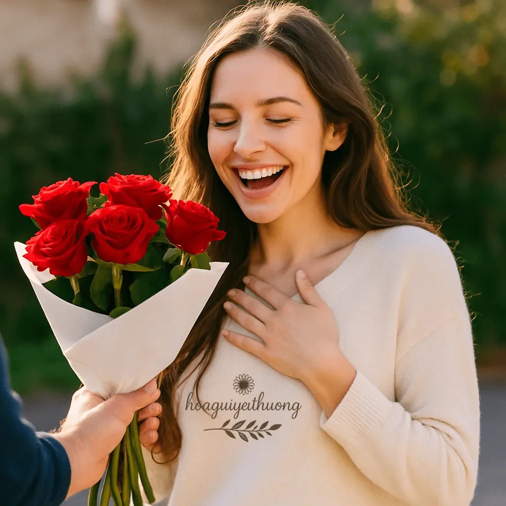 Bạn gái mỉm cười hạnh phúc khi nhận bó hoa hồng sinh nhật từ người yêu