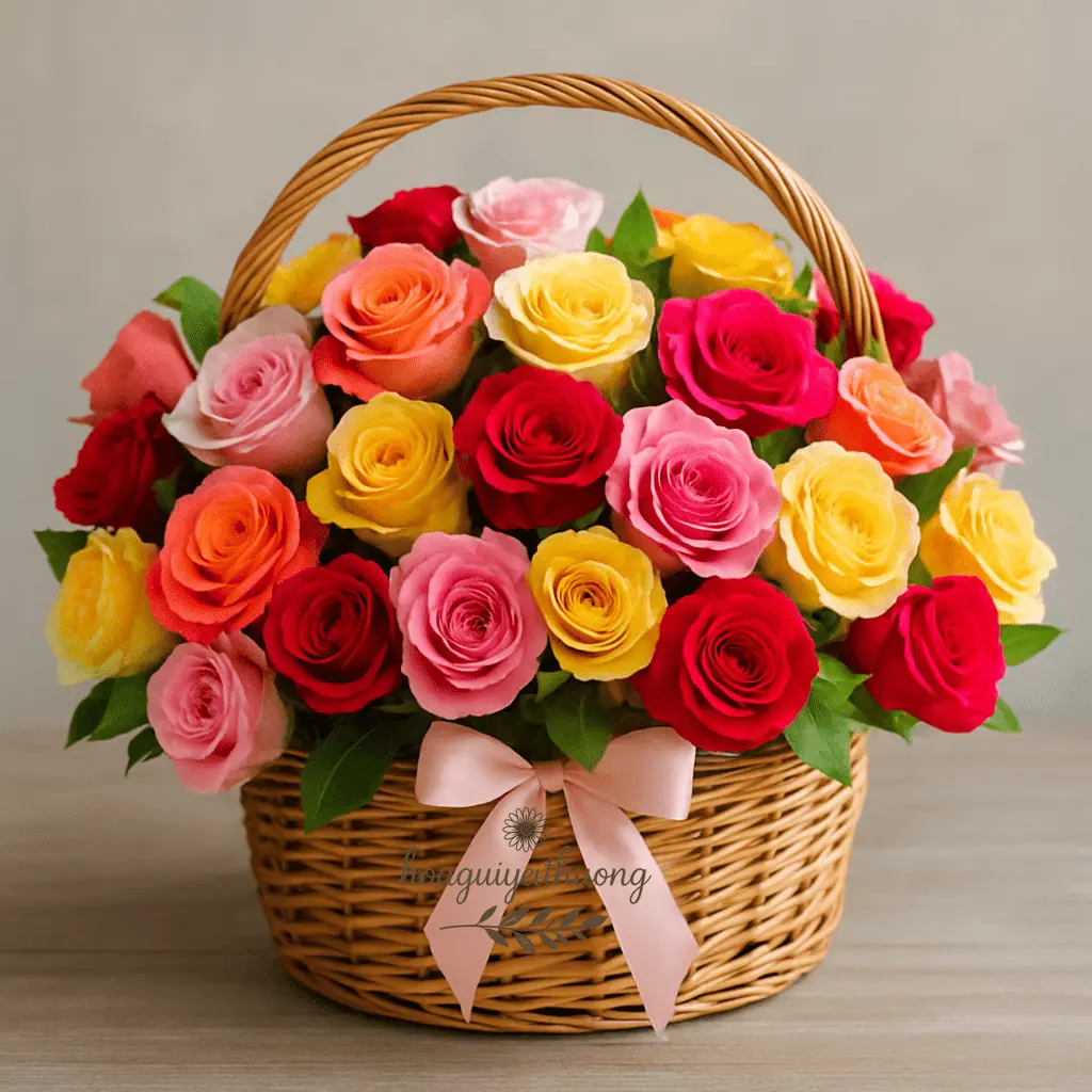 Giỏ hoa hồng nhiều màu rực rỡ tặng mẹ nhân ngày sinh nhật