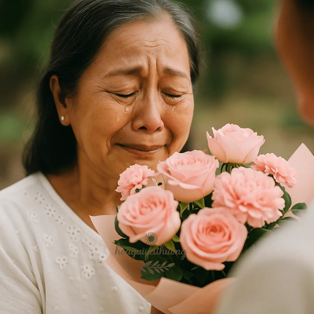 Mẹ xúc động khi nhận bó hoa hồng nhân ngày sinh nhật