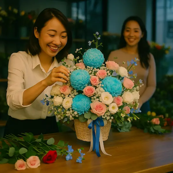 Giỏ hoa sinh nhật phong cách tinh tế với tone xanh dương - hồng pastel, được nhân viên cửa hàng hoa cắm tỉ mỉ trong không gian ấm cúng.