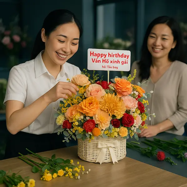 Nhân viên cắm giỏ hoa sinh nhật tặng bạn bè với sắc cam vàng rực rỡ tại cửa hàng hoa.