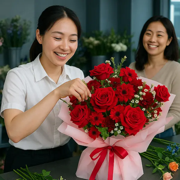 Nhân viên đang cắm bó hoa sinh nhật tặng bạn gái với hoa hồng đỏ và đồng tiền đỏ tươi tắn