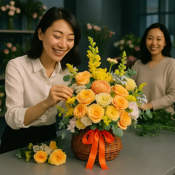 Nhân viên cắm hoa tươi trong cửa hàng, tạo giỏ hoa sinh nhật màu vàng cam rực rỡ – hoa sinh nhật tặng đồng nghiệp