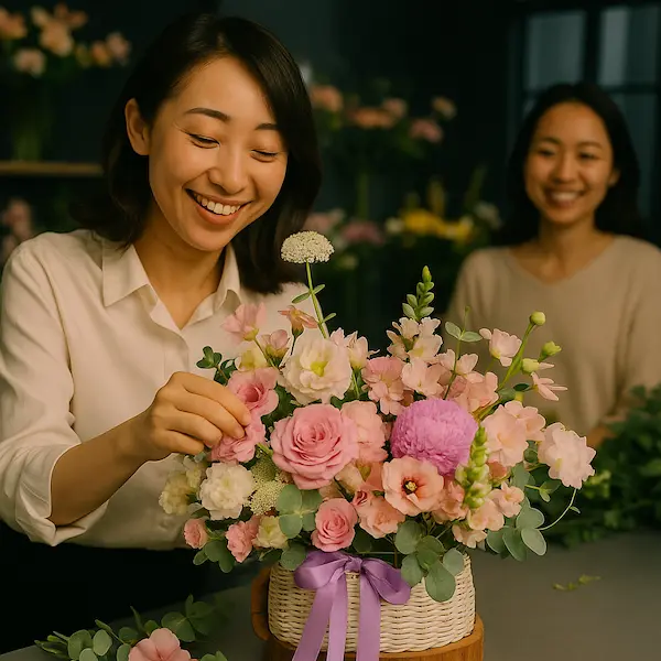 Nhân viên cửa hàng hoa đang cắm giỏ hoa sinh nhật tặng vợ, phối màu nhẹ nhàng với hoa hồng pastel, cát tường, thược dược và hoa baby.