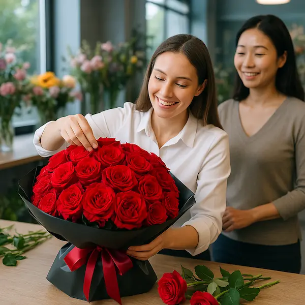 Nhân viên cắm giỏ hoa hồng đỏ tặng người yêu tại cửa hàng