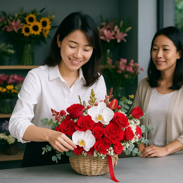 Nhân viên cắm giỏ hoa đỏ trắng sang trọng tặng sếp nữ trong cửa hàng hoa hiện đại