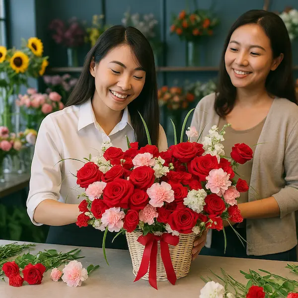 Nhân viên cắm giỏ hoa tặng sinh nhật người yêu với hoa hồng đỏ, cẩm chướng hồng và trắng, không gian cửa hàng hoa ấm cúng.