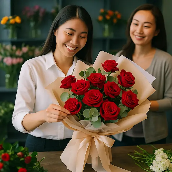 Nhân viên đang cắm bó hoa tặng sinh nhật vợ gồm hoa hồng đỏ trong cửa hàng hoa, không gian ấm cúng và hiện đại.