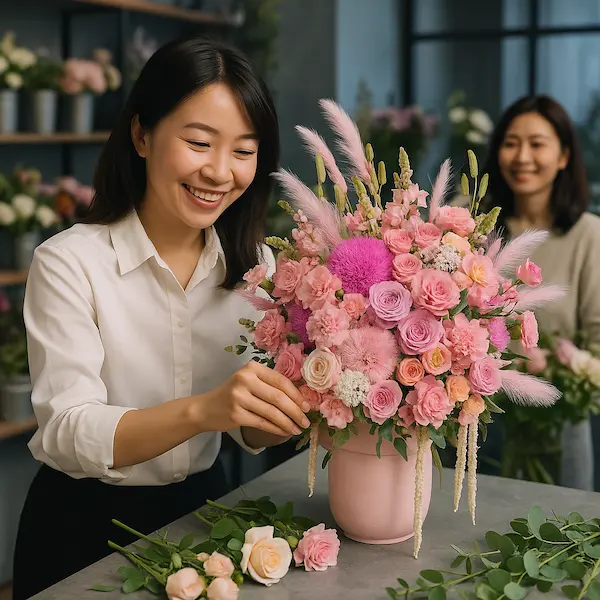 Nhân viên đang cắm giỏ hoa tặng sinh nhật trong cửa hàng, không gian hiện đại và ấm cúng.