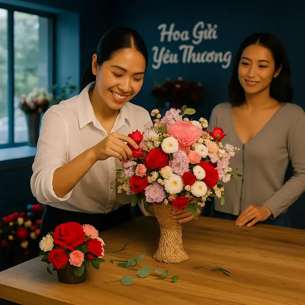 Lẵng hoa sang trọng tặng sếp, kết hợp hoa hồng đỏ, đồng tiền trắng, mẫu đơn, cúc mẫu đơn, cẩm tú cầu tím và lá bạc, đặt trên bàn gỗ sáng tại cửa hàng hoa hiện đại.