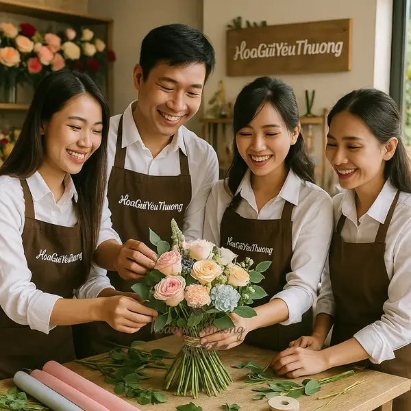 Nhân viên Hoa Gửi Yêu Thương cắm hoa sinh nhật với nụ cười rạng rỡ trong cửa hàng