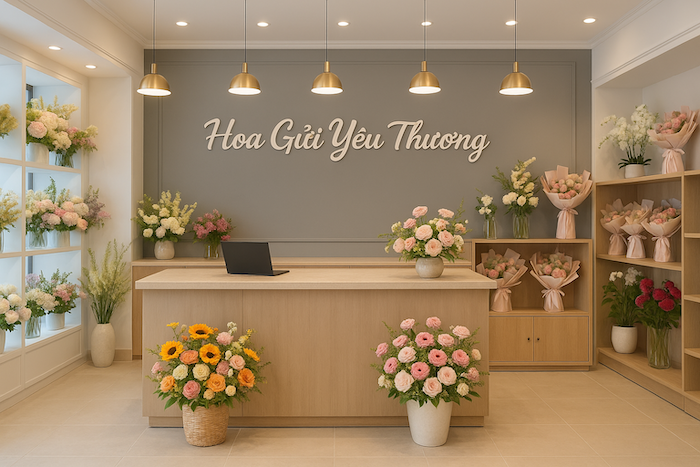 Không gian bên trong tiệm hoa gần đây với nhiều mẫu hoa tươi sang trọng và nhân viên thân thiện