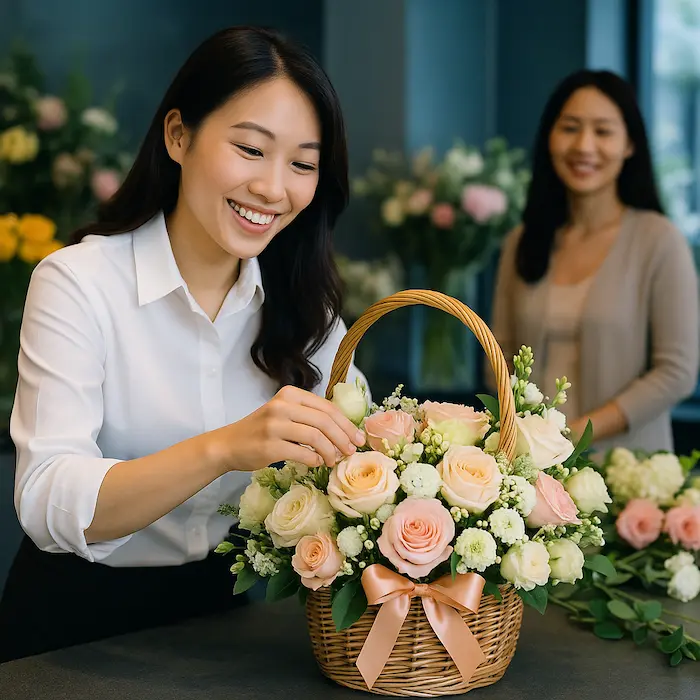 Nhân viên tiệm hoa gần đây đang chăm chút cắm giỏ hoa hồng pastel tinh tế.