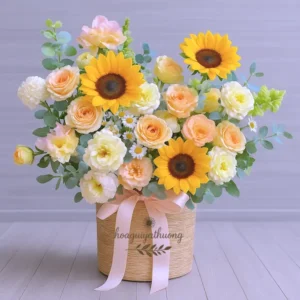 Giỏ hoa sinh nhật tặng mẹ tông xanh kem trang nhã với hoa hồng vàng nhạt, cẩm chướng hồng, hoa mẫu đơn và lá xanh dịu nhẹ.