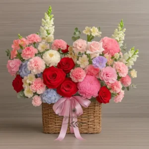 Giỏ hoa sinh nhật tặng người yêu tone hồng đỏ dễ thương, kết hợp nhiều loài hoa thể hiện sự quan tâm và yêu thương sâu sắc.