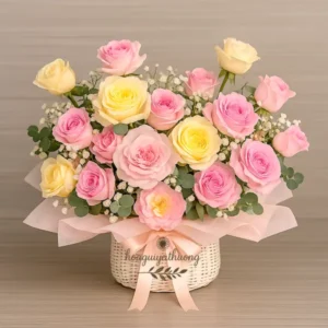 Giỏ hoa sinh nhật tặng vợ với sắc hồng và vàng pastel nhẹ nhàng, thiết kế đơn giản mà tinh tế.