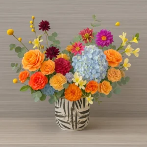 Lẵng hoa tặng sinh nhật đẹp, phối màu cam - xanh độc đáo, mang vẻ đẹp rực rỡ và cá tính.