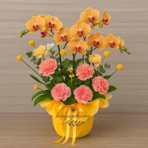 Mẫu hoa tặng sinh nhật tông vàng cam, nổi bật và rực rỡ dành cho những dịp đặc biệt.