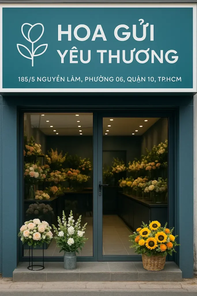 Mặt tiền tiệm hoa gần đây tại Quận 10 – Hoa Gửi Yêu Thương, không gian thân thiện, ngập tràn hoa tươi.