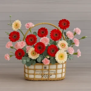 Shop hoa sinh nhật – Giỏ hoa đồng tiền đỏ và hồng pastel, tông màu trang nhã, sang trọng.